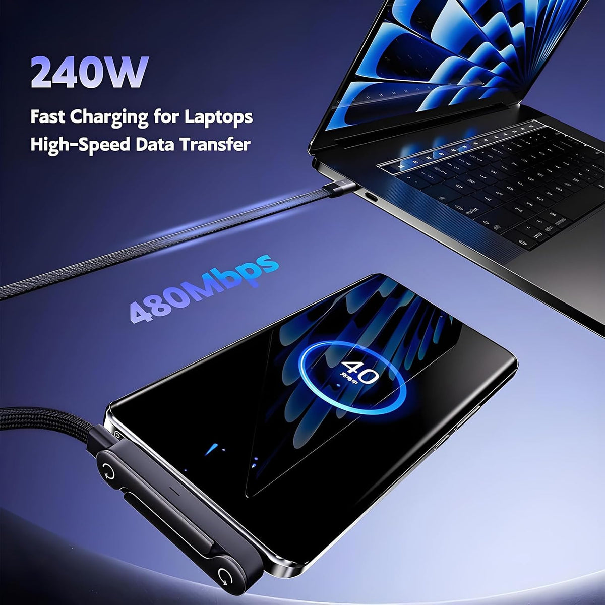 240W 2-in-1 Fast Charging Cable with Hidden Stand - 90° Angled USB-C to USB-C, 5ft Braided Phone Charger Cord for iPhone 15/16/17/18 & iPad, Foldable Desk Stand