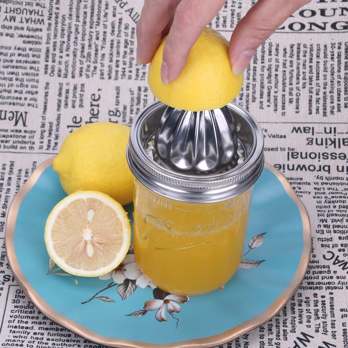 Stainless Steel Mason Jar Juicer Lid with Citrus Reamer - Manual Lemon Squeezer for Wide Mouth Jars