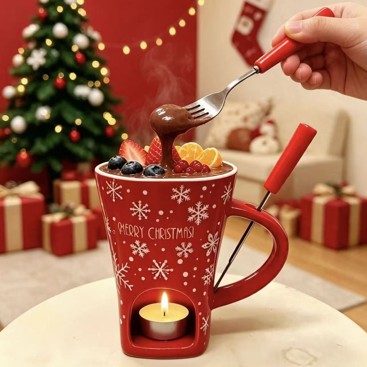 Christmas Mini Chocolate Fondue Mug – Ceramic Tealight Warmer with Dipping Fork, 6 Festive Designs