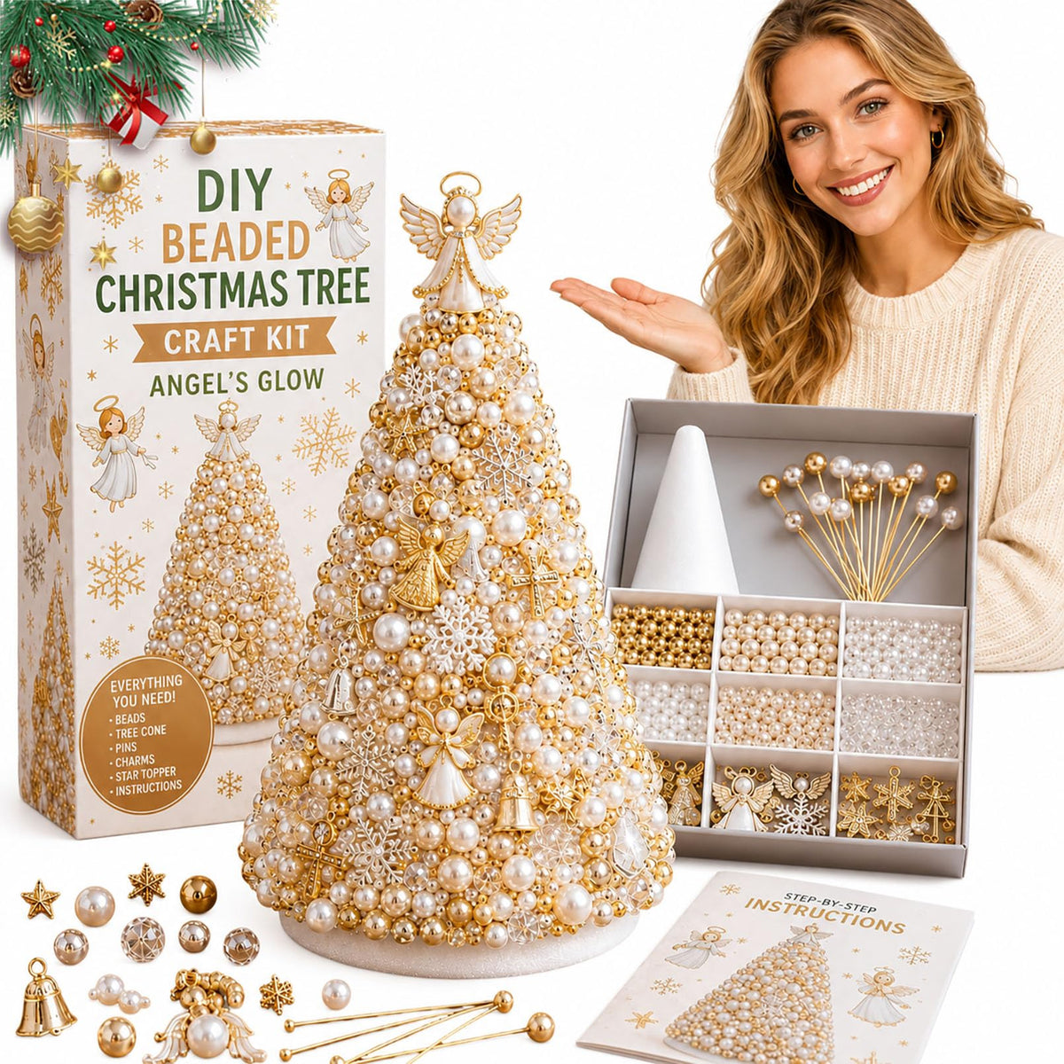 DIY Beaded Christmas Tree Kit – Handmade Tabletop Holiday Decoration Craft Set