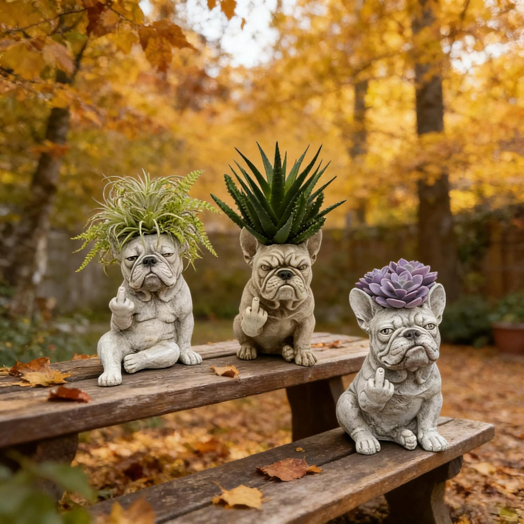Funny French Bulldog Planter – Middle Finger Resin Succulent Pot, Cheeky Dog Statue for Desk & Garden, Unique Gift for Dog & Plant Lovers