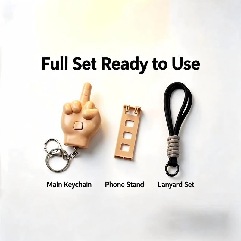 Sassy Hand Gesture Keychain Set – Funny Prank Bag Charm with Mini Phone Stand & Wrist Strap