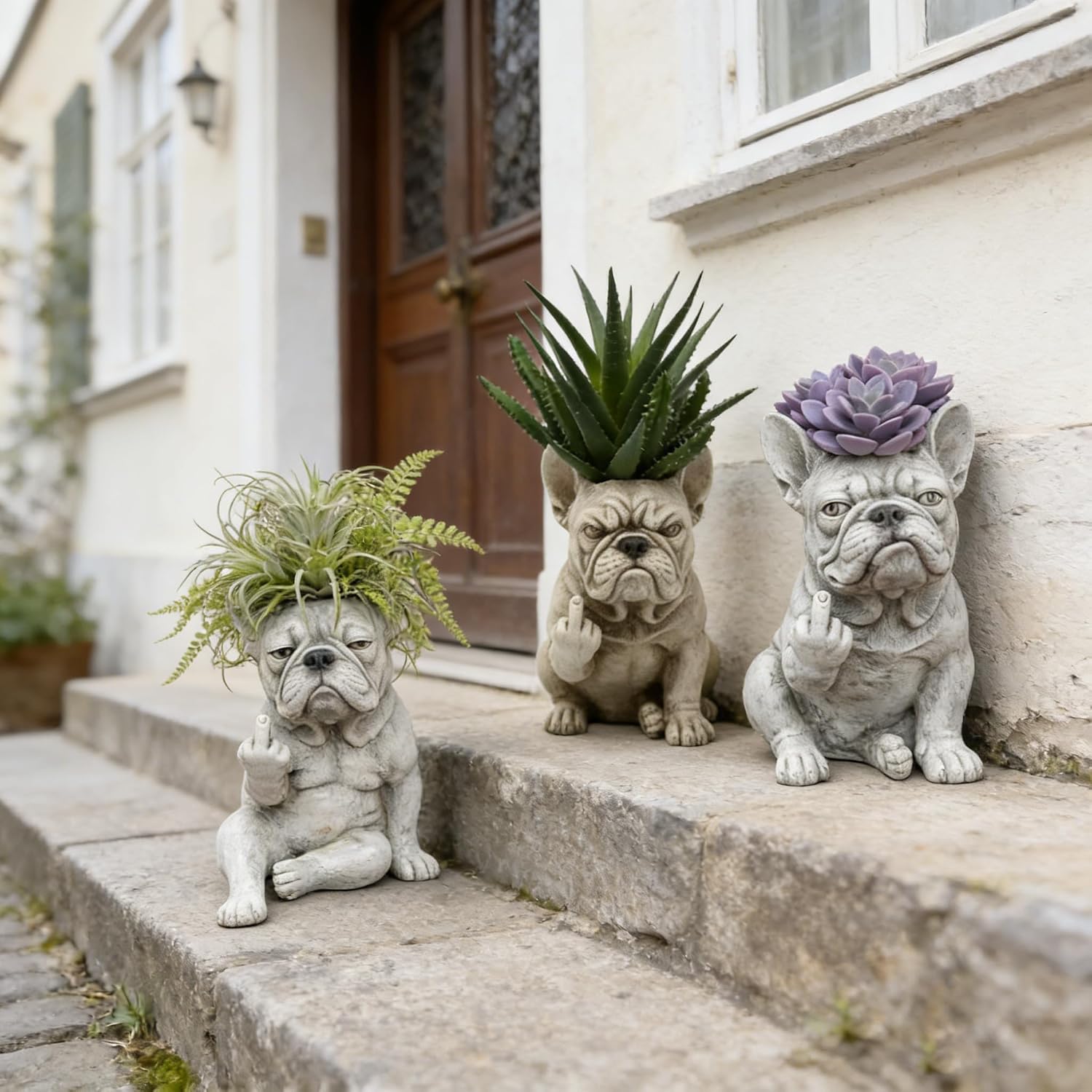 Funny French Bulldog Planter – Middle Finger Resin Succulent Pot, Cheeky Dog Statue for Desk & Garden, Unique Gift for Dog & Plant Lovers