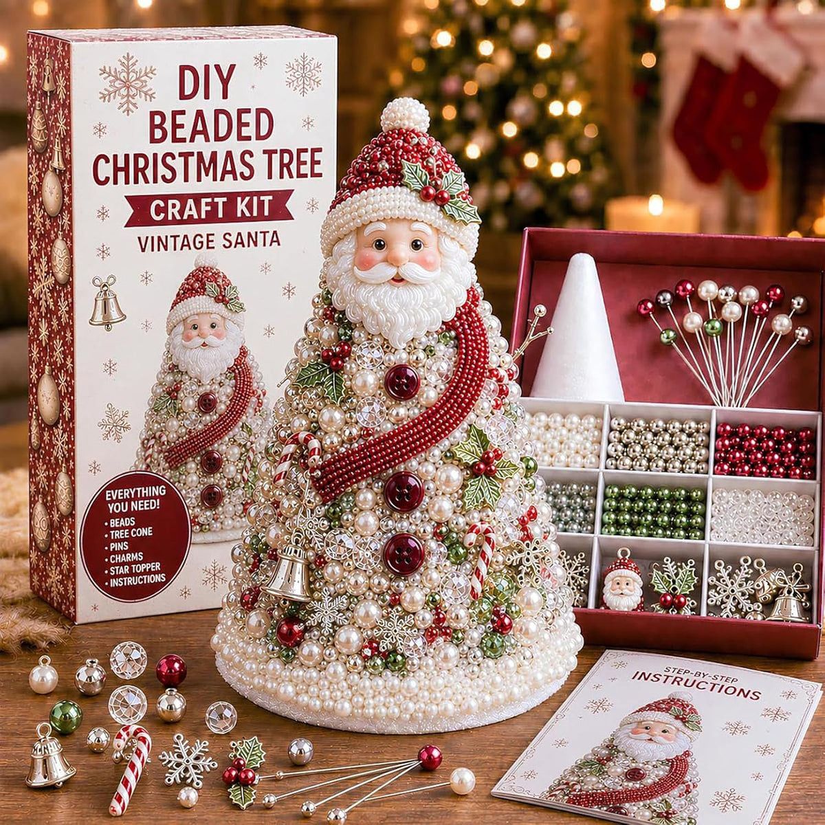 DIY Beaded Christmas Tree Kit – Handmade Tabletop Holiday Decoration Craft Set