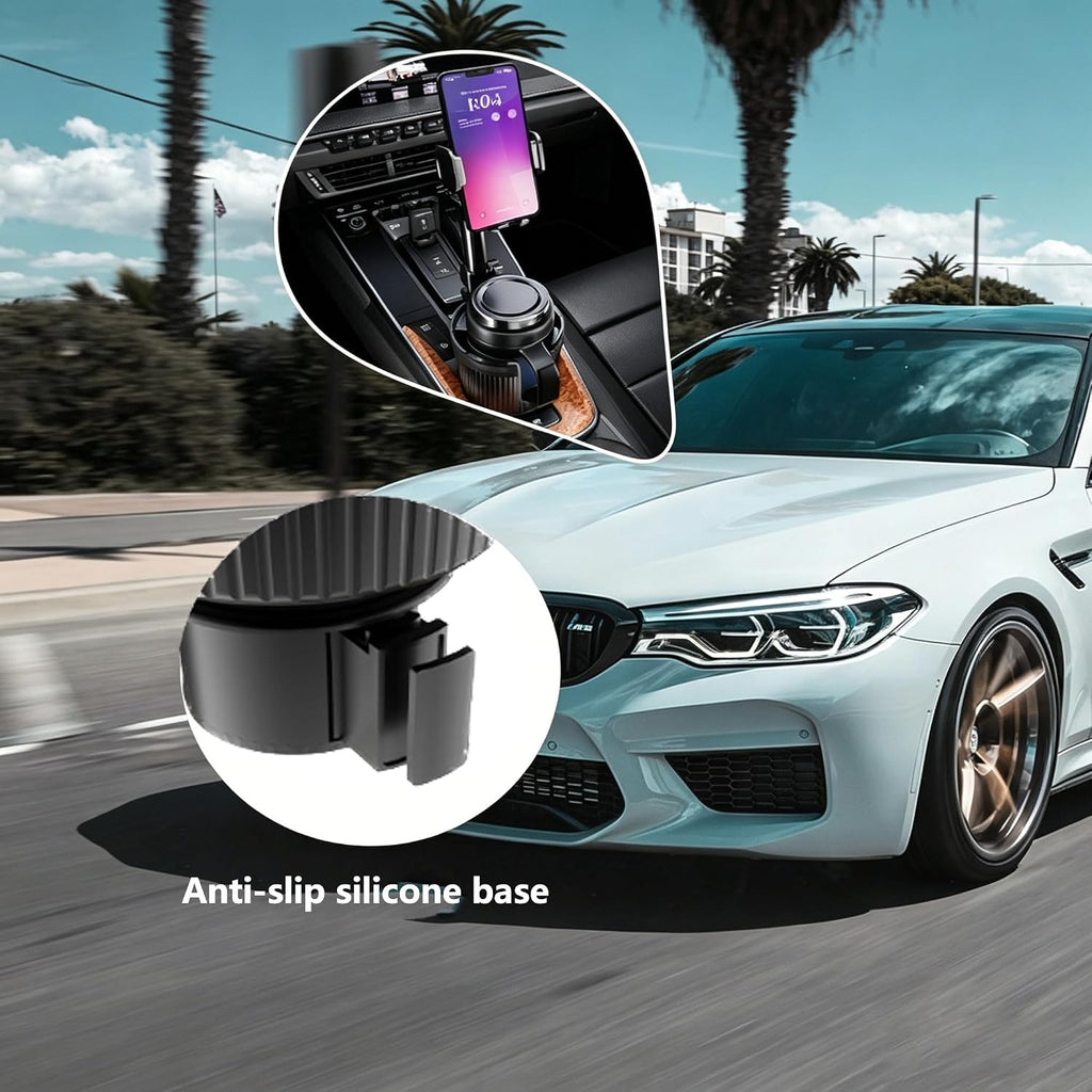 Stop the Console Clutter – 2-in-1 Car Cup Holder Phone Mount & Organizer｜Adjustable No-Adhesive Navigation Stand with Expandable Base for 2.56–3.94 in Round Cup Holders