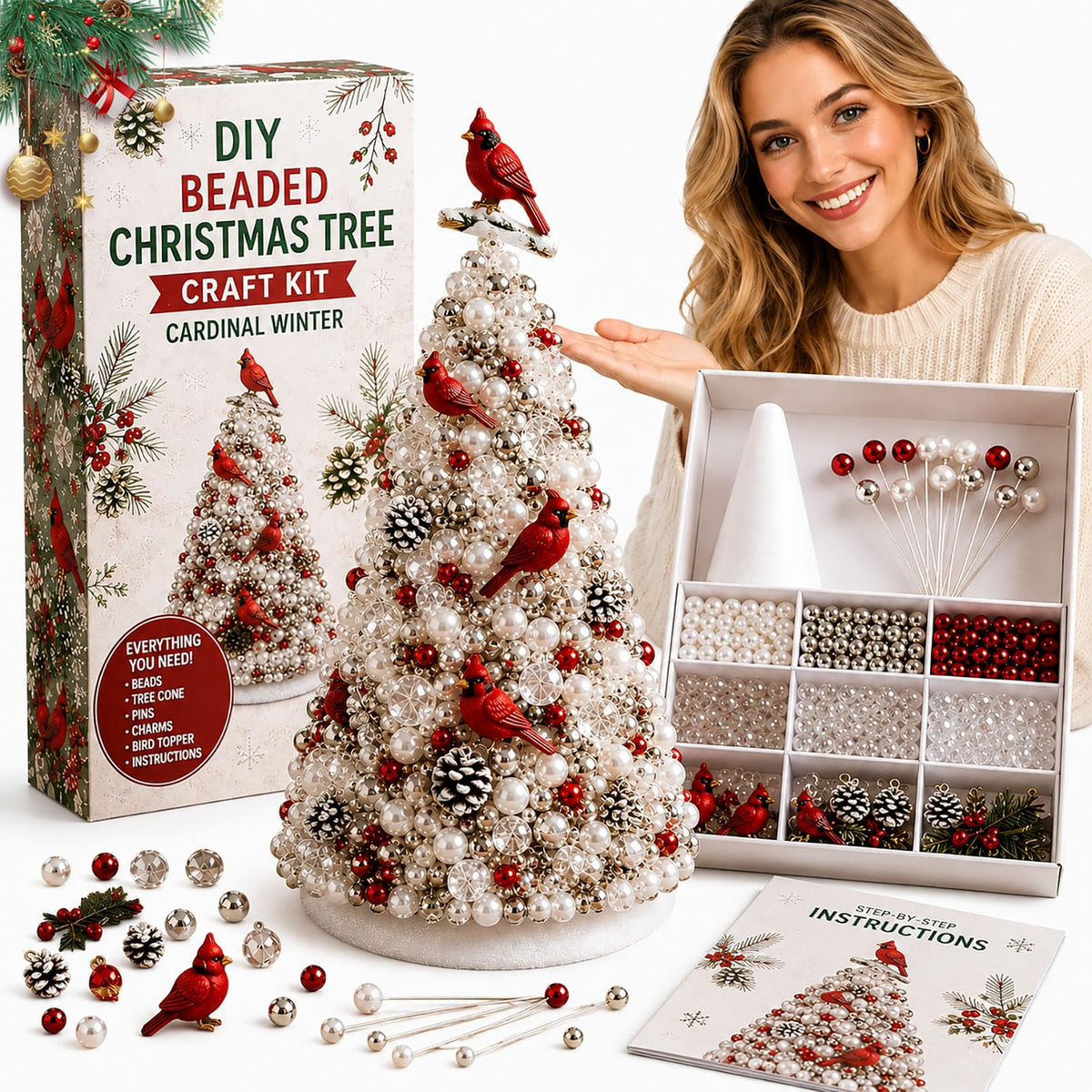 DIY Beaded Christmas Tree Kit – Handmade Tabletop Holiday Decoration Craft Set