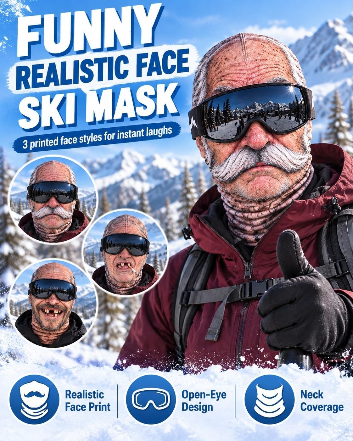 Funny Old Man Balaclava Mask – Realistic 3D-Print Grandpa Face Cover for Skiing, Snowboarding, Halloween & Costume Parties