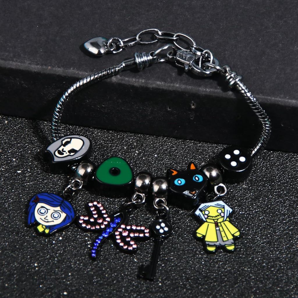 Dark Fantasy Button-Eye Charm Bracelet – Adjustable Storybook-Inspired Bracelet with Cat, Key & Dragonfly Charms