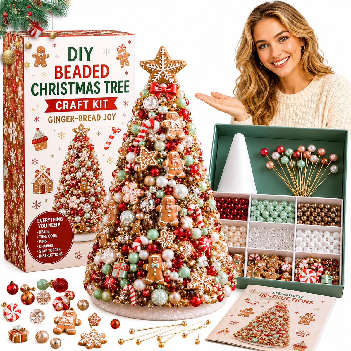 DIY Beaded Christmas Tree Kit – Handmade Tabletop Holiday Decoration Craft Set