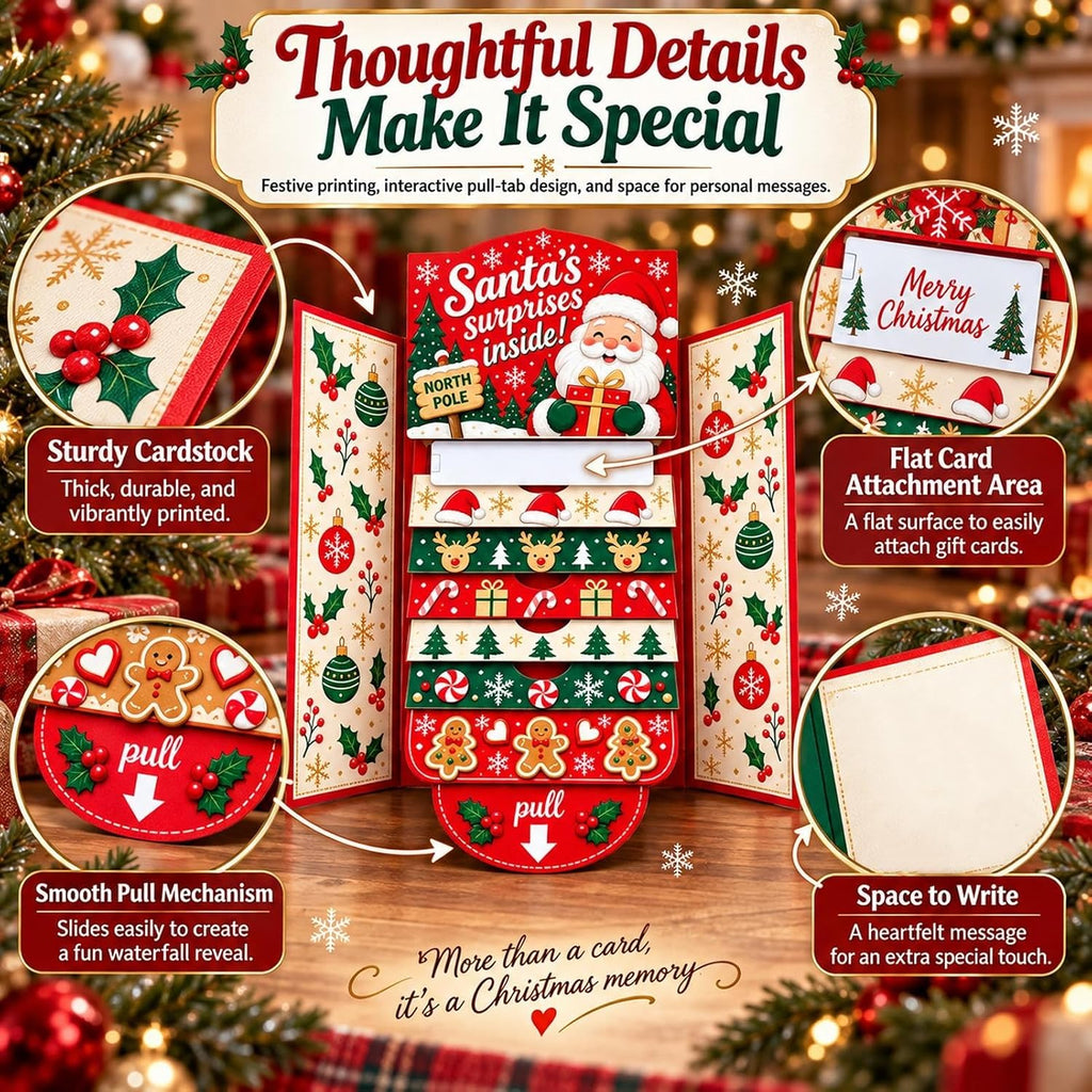 Interactive Christmas Money Gift Card with Pull-Out Surprise – Fold-Out Paper Holiday Card for Cash, Notes and Gift Cards, Candy, Gingerbread, Gnome, Santa or Snowman Designs, 1/3/5-Pack