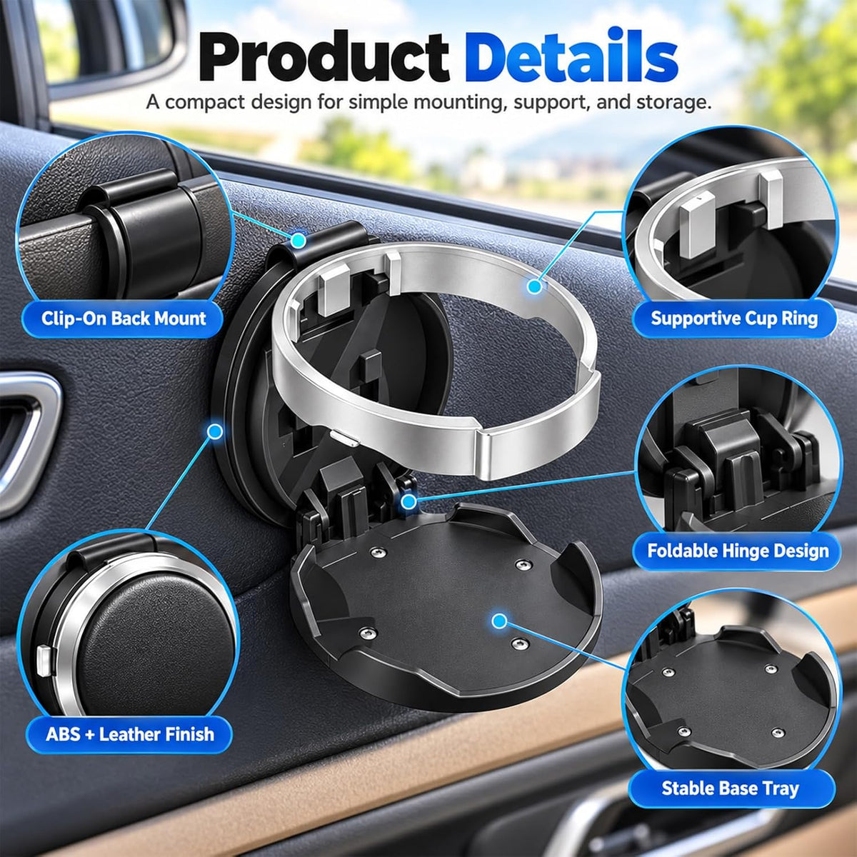Foldable Car Door Cup Holder – Clip-On Drink Organizer and Phone Stand for Everyday Driving