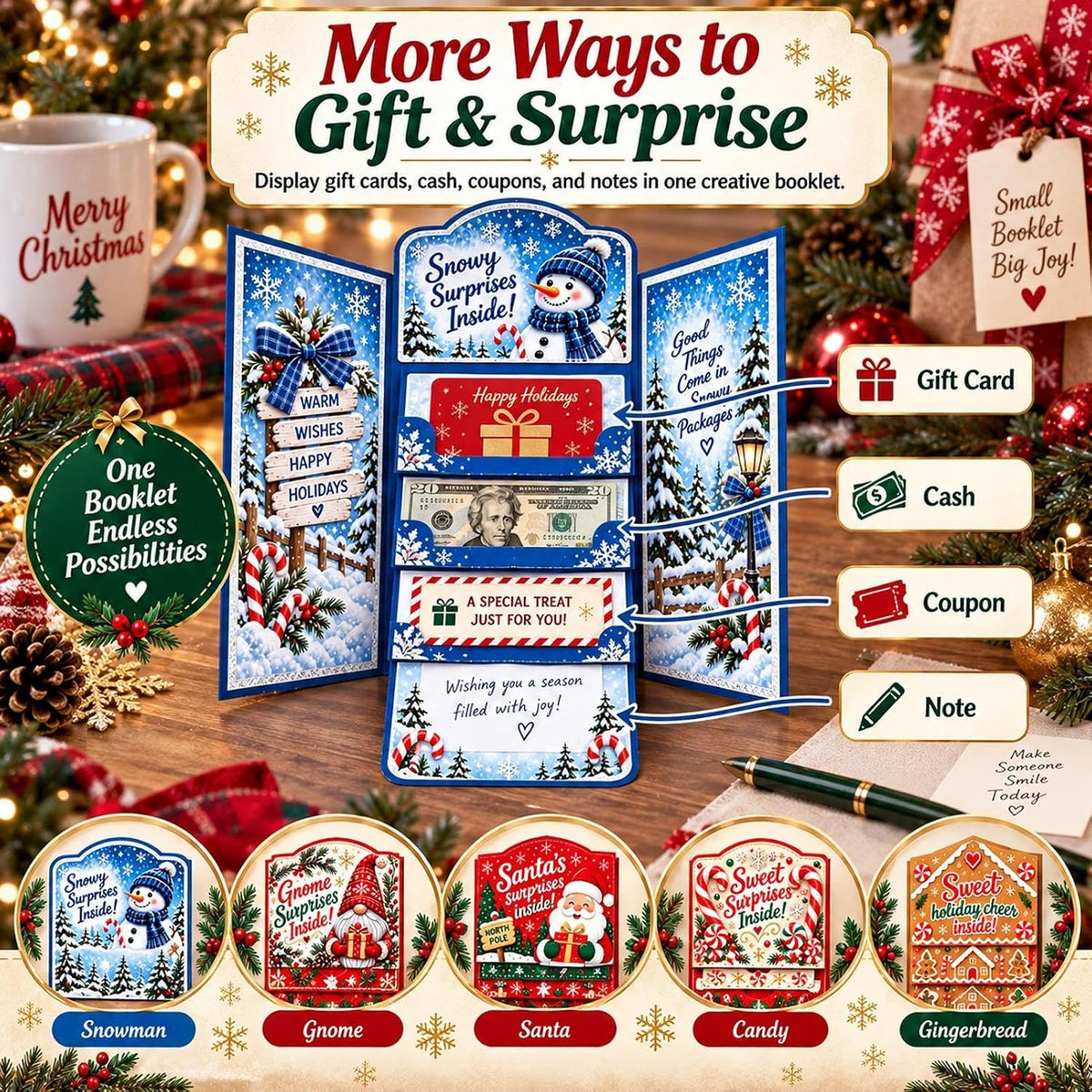 Ways to personalize Christmas surprise booklet with cash gift cards coupons and notes