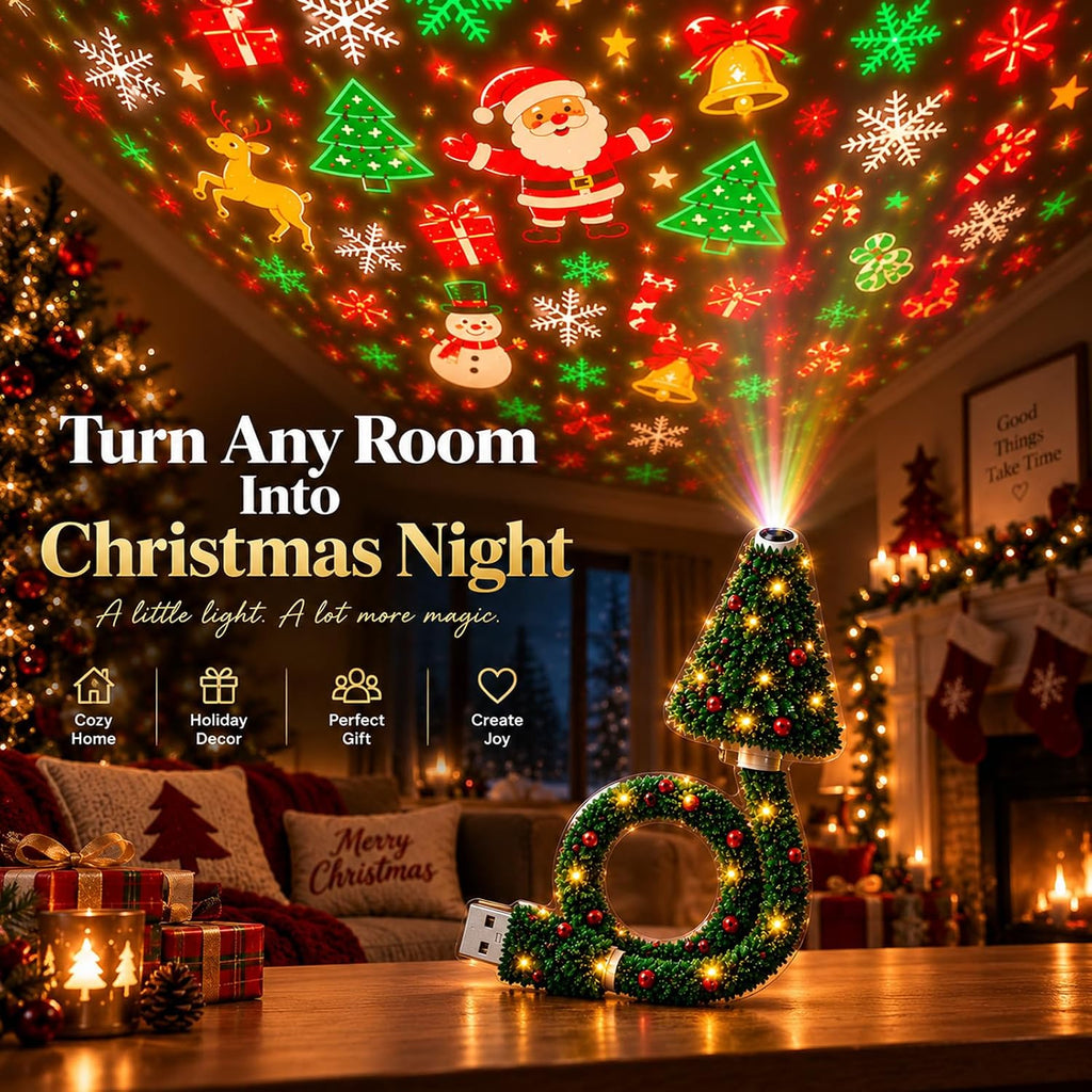Christmas Projector Light – USB Flexible Tree Lamp with 6 Festive Patterns