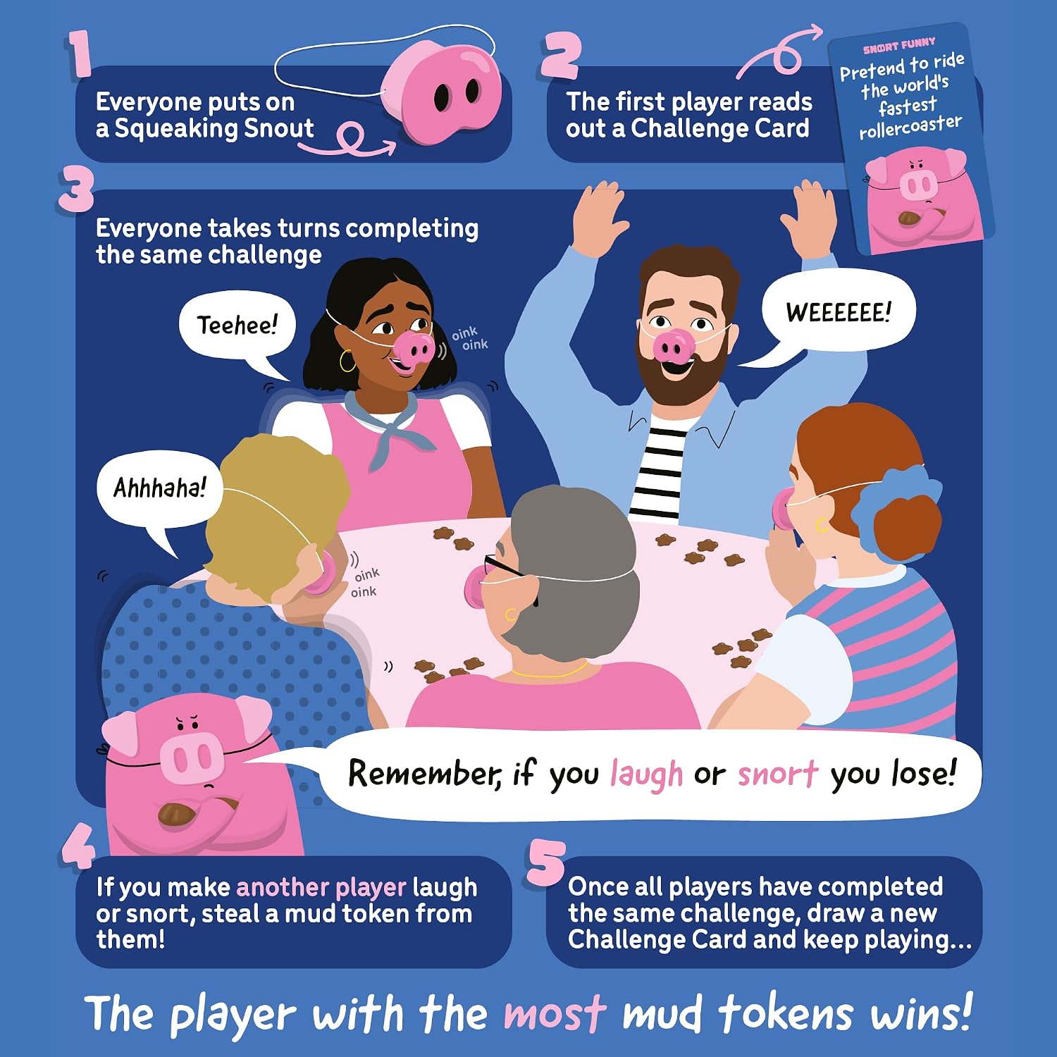 Snort Funny – If You Laugh, You Lose Party Game | 150 Challenge Cards, 5 Pig Snouts & Mud Tokens | Fun Family Game for Kids, Adults, Friends & Game Nights