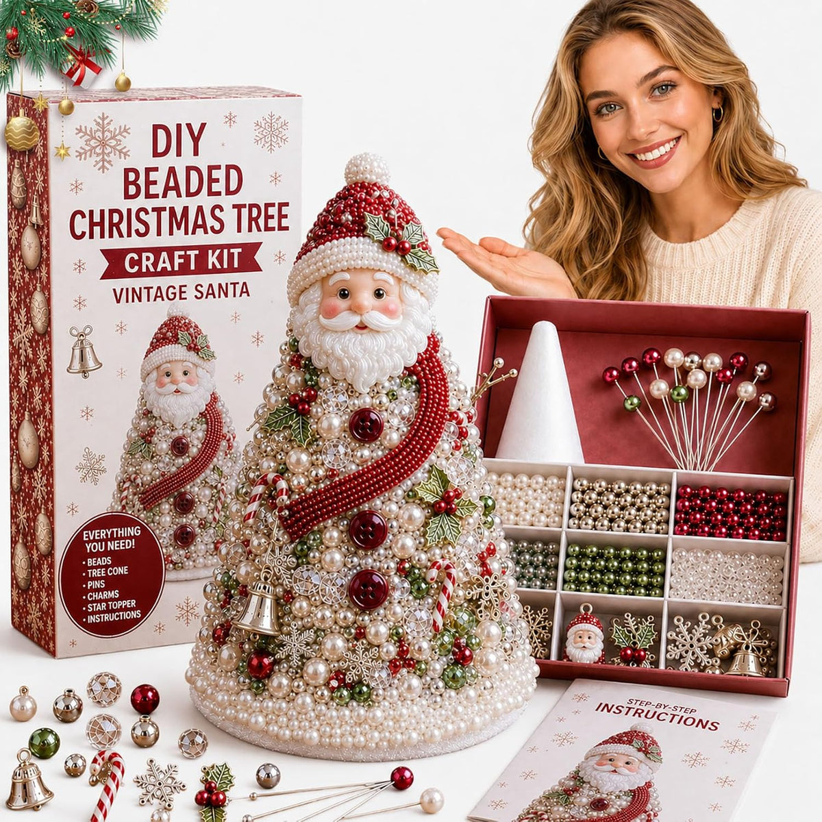 DIY Beaded Christmas Tree Kit – Handmade Tabletop Holiday Decoration Craft Set