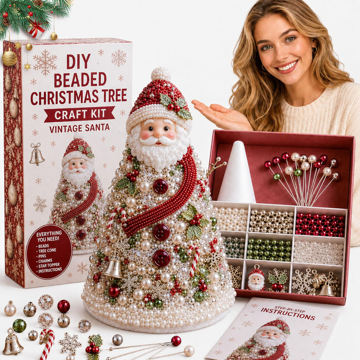 DIY Beaded Christmas Tree Kit – Handmade Tabletop Holiday Decoration Craft Set