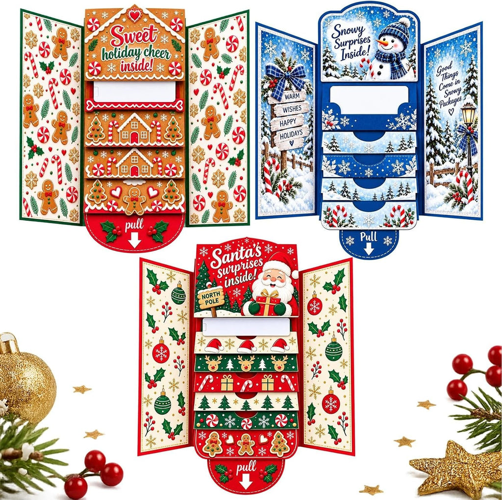 Interactive Christmas Money Gift Card with Pull-Out Surprise – Fold-Out Paper Holiday Card for Cash, Notes and Gift Cards, Candy, Gingerbread, Gnome, Santa or Snowman Designs, 1/3/5-Pack
