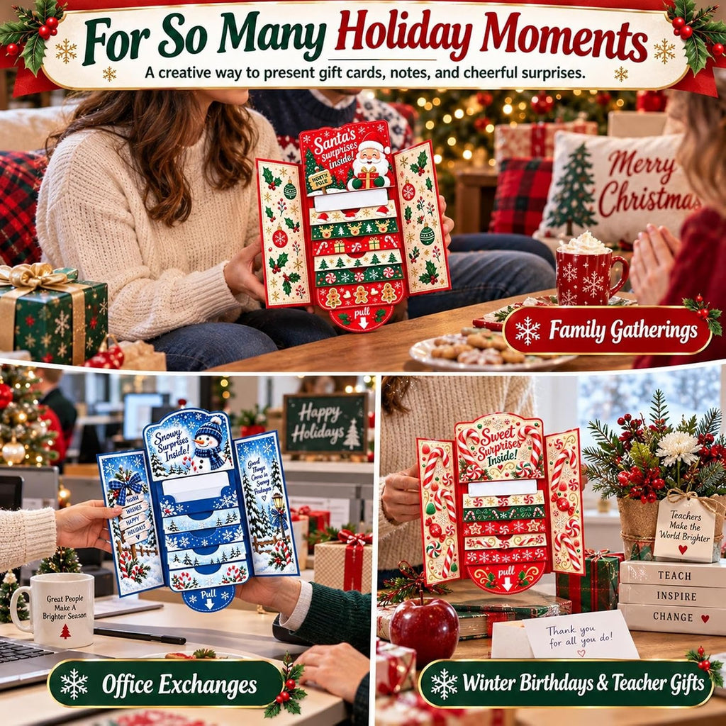 Interactive Christmas Money Gift Card with Pull-Out Surprise – Fold-Out Paper Holiday Card for Cash, Notes and Gift Cards, Candy, Gingerbread, Gnome, Santa or Snowman Designs, 1/3/5-Pack