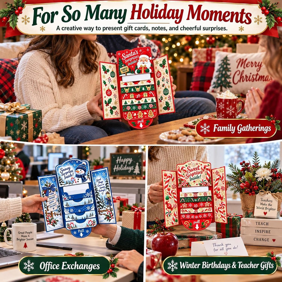 Interactive Christmas Money Gift Card with Pull-Out Surprise – Fold-Out Paper Holiday Card for Cash, Notes and Gift Cards, Candy, Gingerbread, Gnome, Santa or Snowman Designs, 1/3/5-Pack