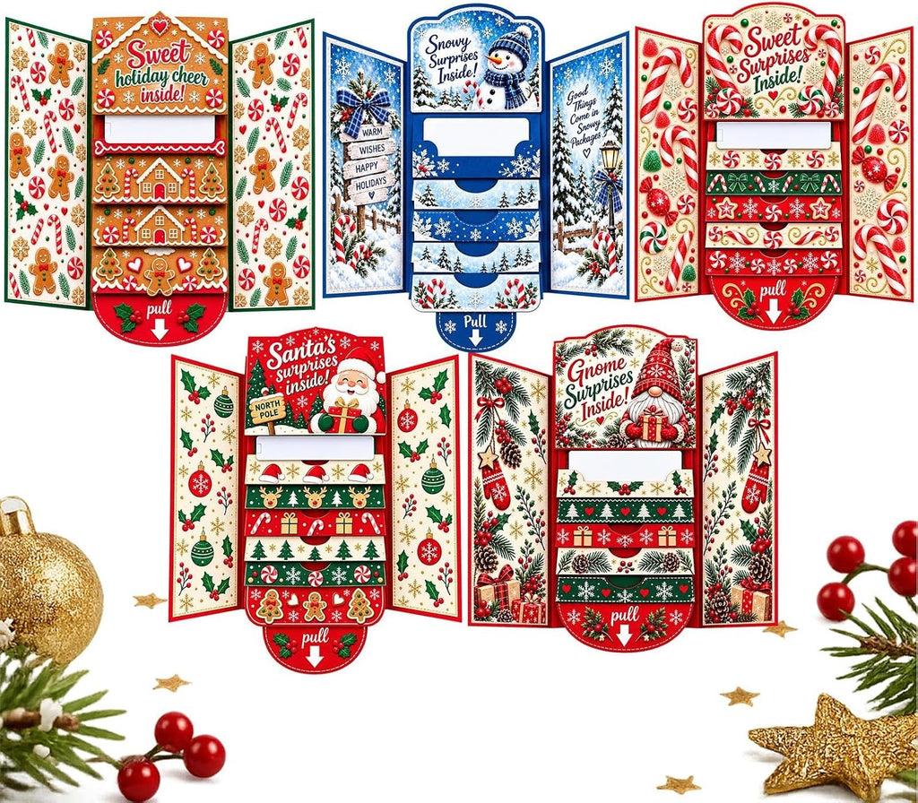 Interactive Christmas Money Gift Card with Pull-Out Surprise – Fold-Out Paper Holiday Card for Cash, Notes and Gift Cards, Candy, Gingerbread, Gnome, Santa or Snowman Designs, 1/3/5-Pack