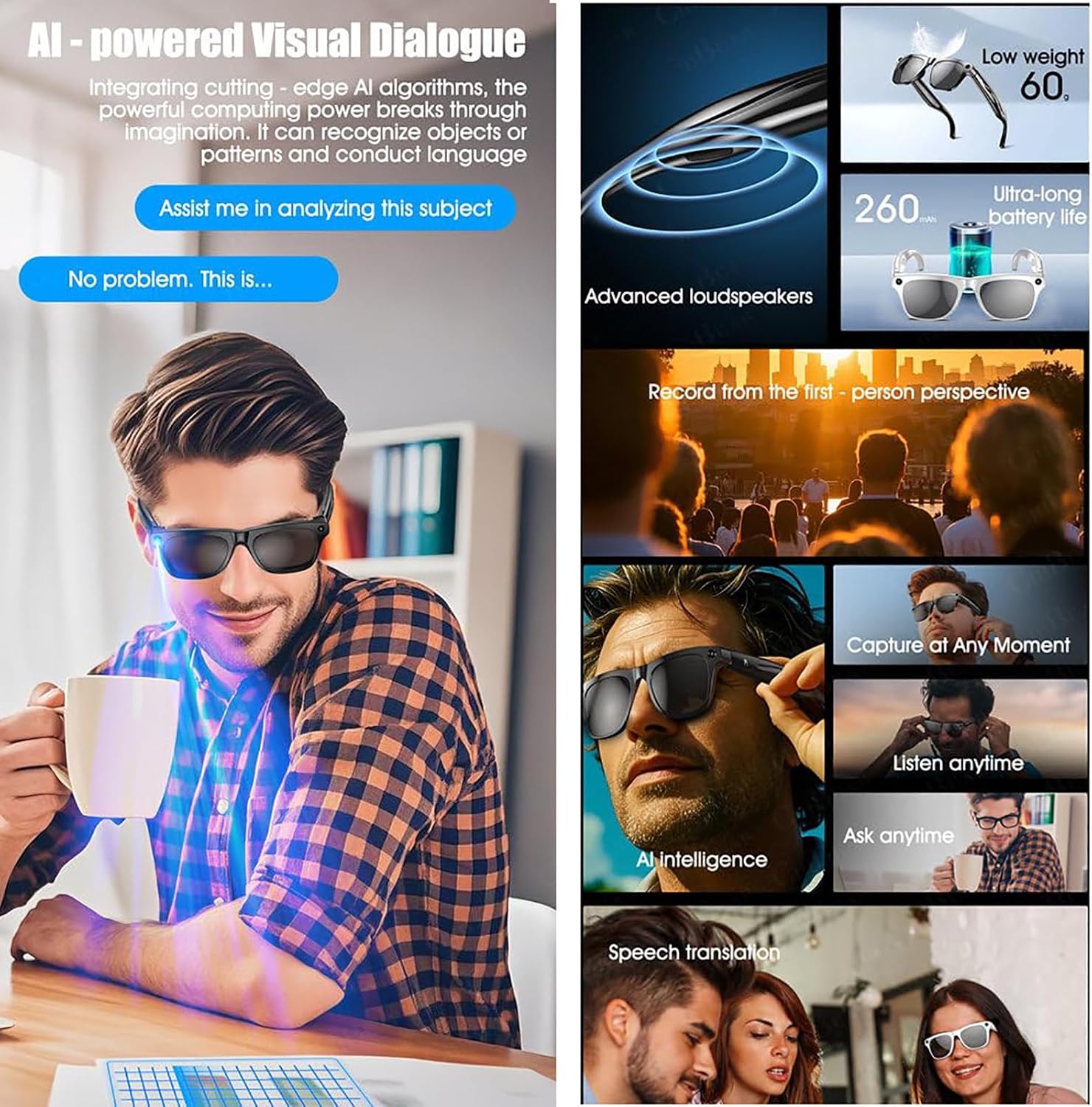 AI Smart Glasses with 8MP Camera | Real-Time Translation, AI Object Recognition, Bluetooth Calls & Music