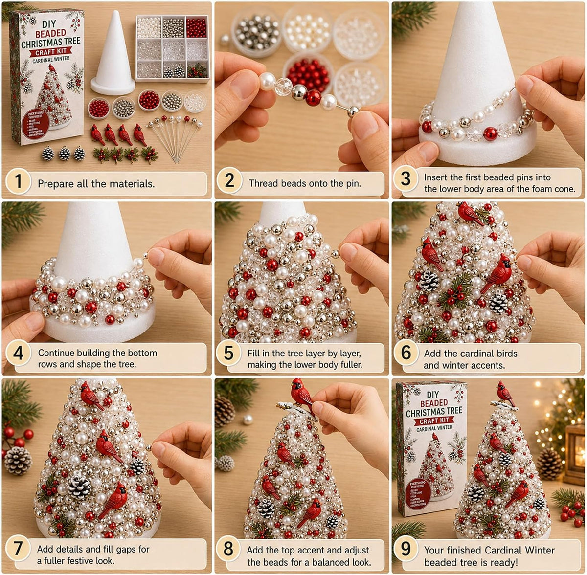 DIY Beaded Christmas Tree Kit – Handmade Tabletop Holiday Decoration Craft Set