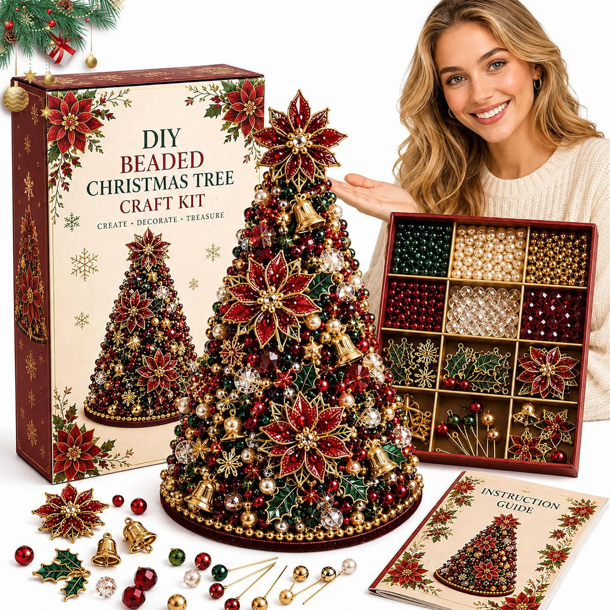 DIY Beaded Christmas Tree Kit – Handmade Tabletop Holiday Decoration Craft Set