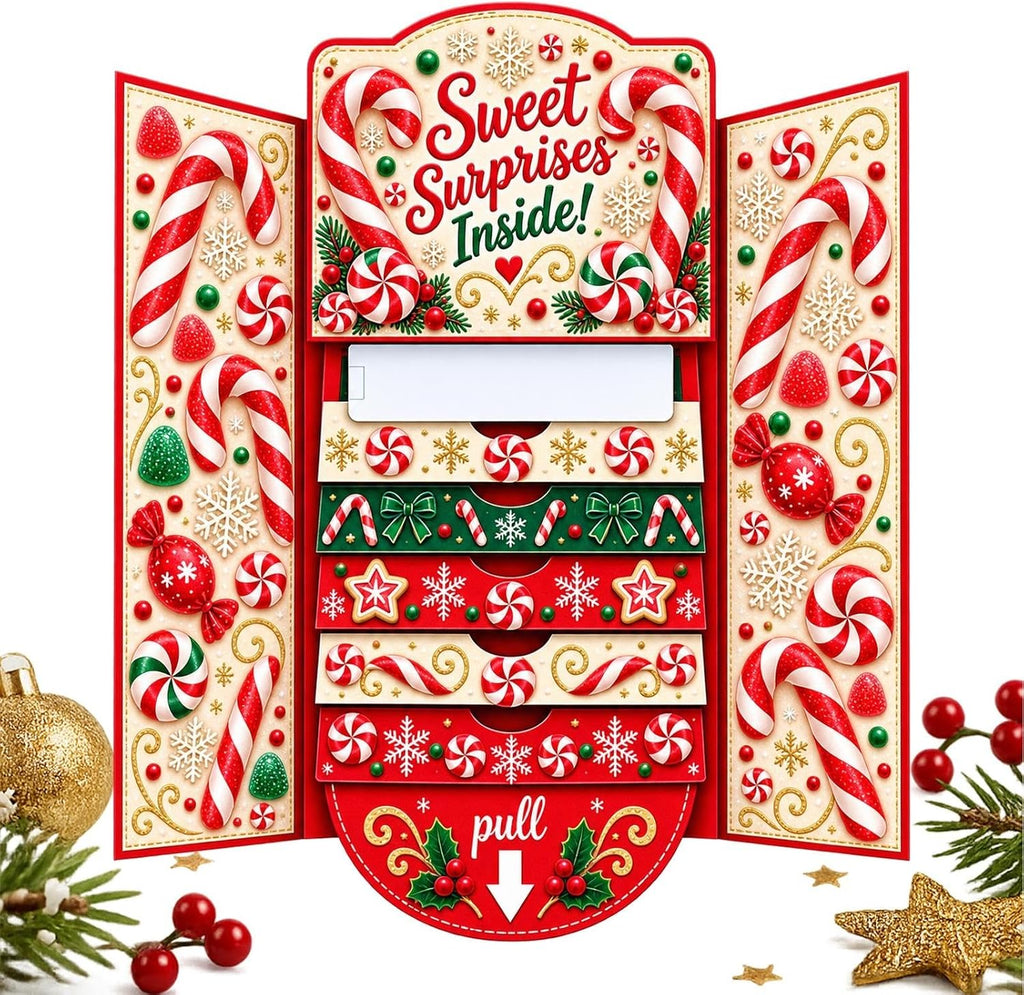 Interactive Christmas Money Gift Card with Pull-Out Surprise – Fold-Out Paper Holiday Card for Cash, Notes and Gift Cards, Candy, Gingerbread, Gnome, Santa or Snowman Designs, 1/3/5-Pack