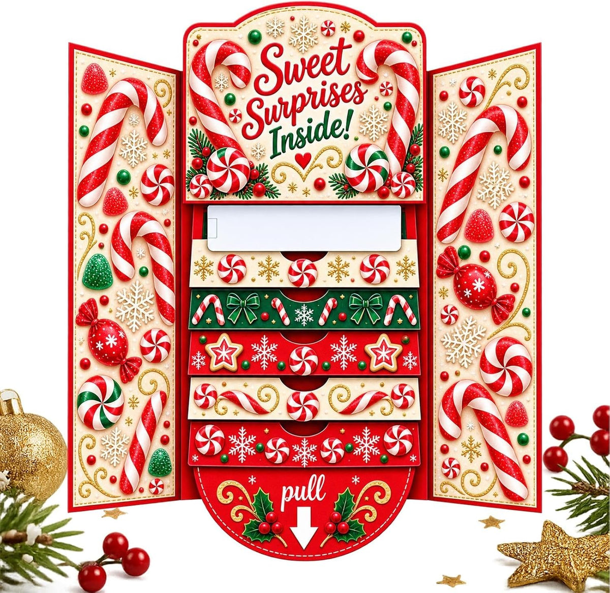 Interactive Christmas Money Gift Card with Pull-Out Surprise – Fold-Out Paper Holiday Card for Cash, Notes and Gift Cards, Candy, Gingerbread, Gnome, Santa or Snowman Designs, 1/3/5-Pack