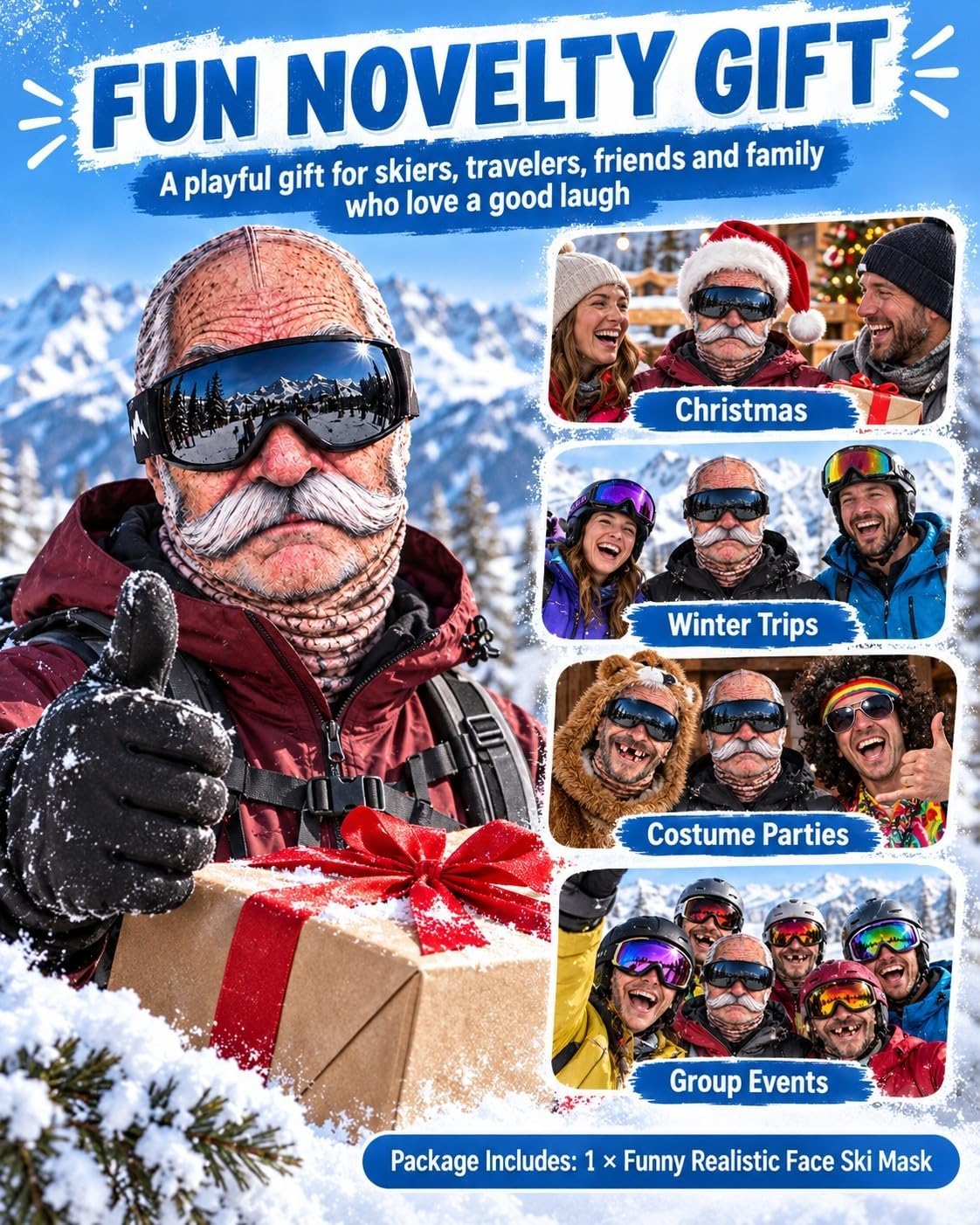 Funny Old Man Balaclava Mask – Realistic 3D-Print Grandpa Face Cover for Skiing, Snowboarding, Halloween & Costume Parties