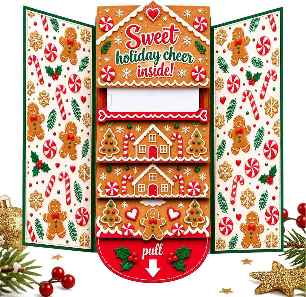 Interactive Christmas Money Gift Card with Pull-Out Surprise – Fold-Out Paper Holiday Card for Cash, Notes and Gift Cards, Candy, Gingerbread, Gnome, Santa or Snowman Designs, 1/3/5-Pack