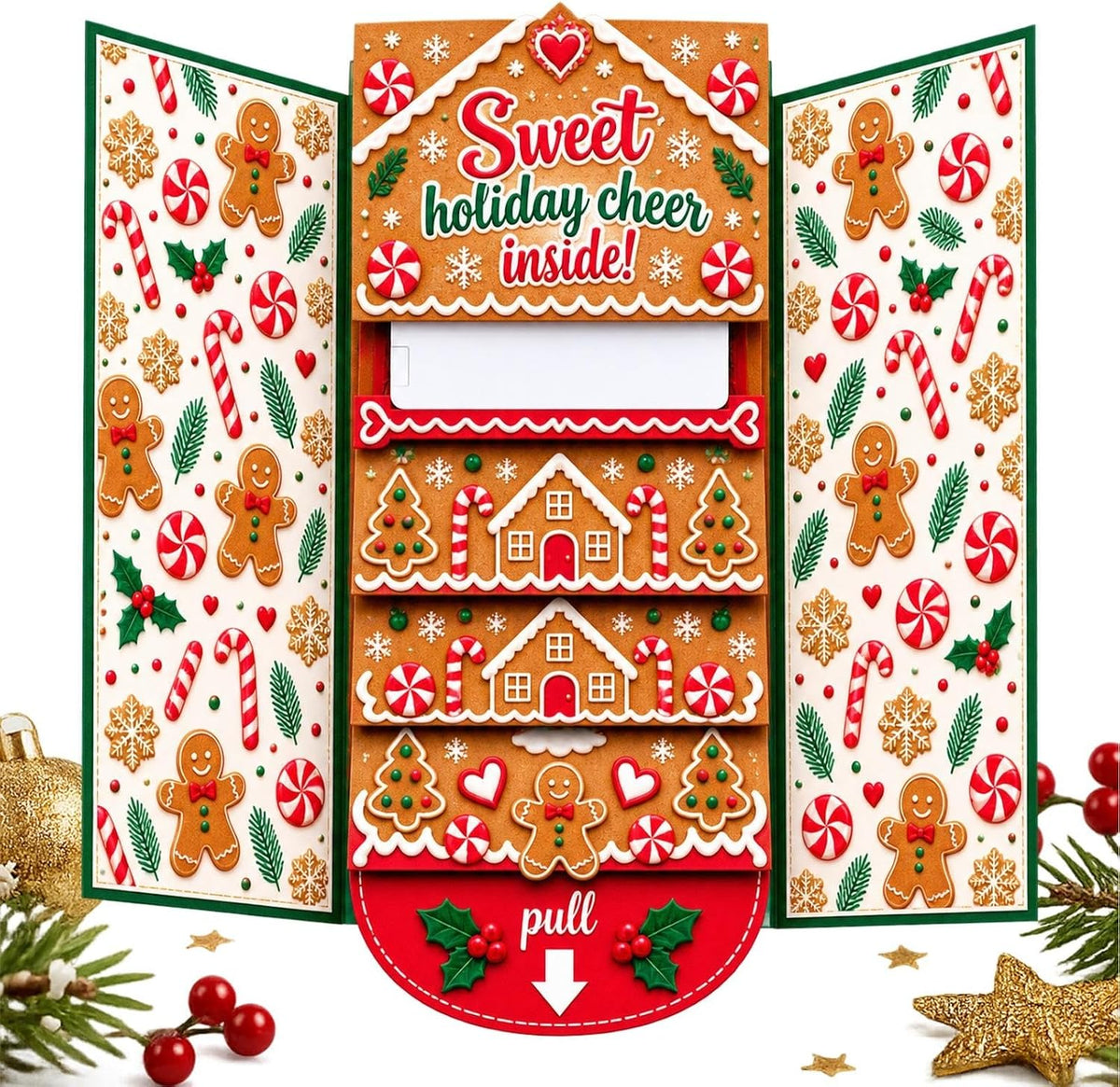 Interactive Christmas Money Gift Card with Pull-Out Surprise – Fold-Out Paper Holiday Card for Cash, Notes and Gift Cards, Candy, Gingerbread, Gnome, Santa or Snowman Designs, 1/3/5-Pack