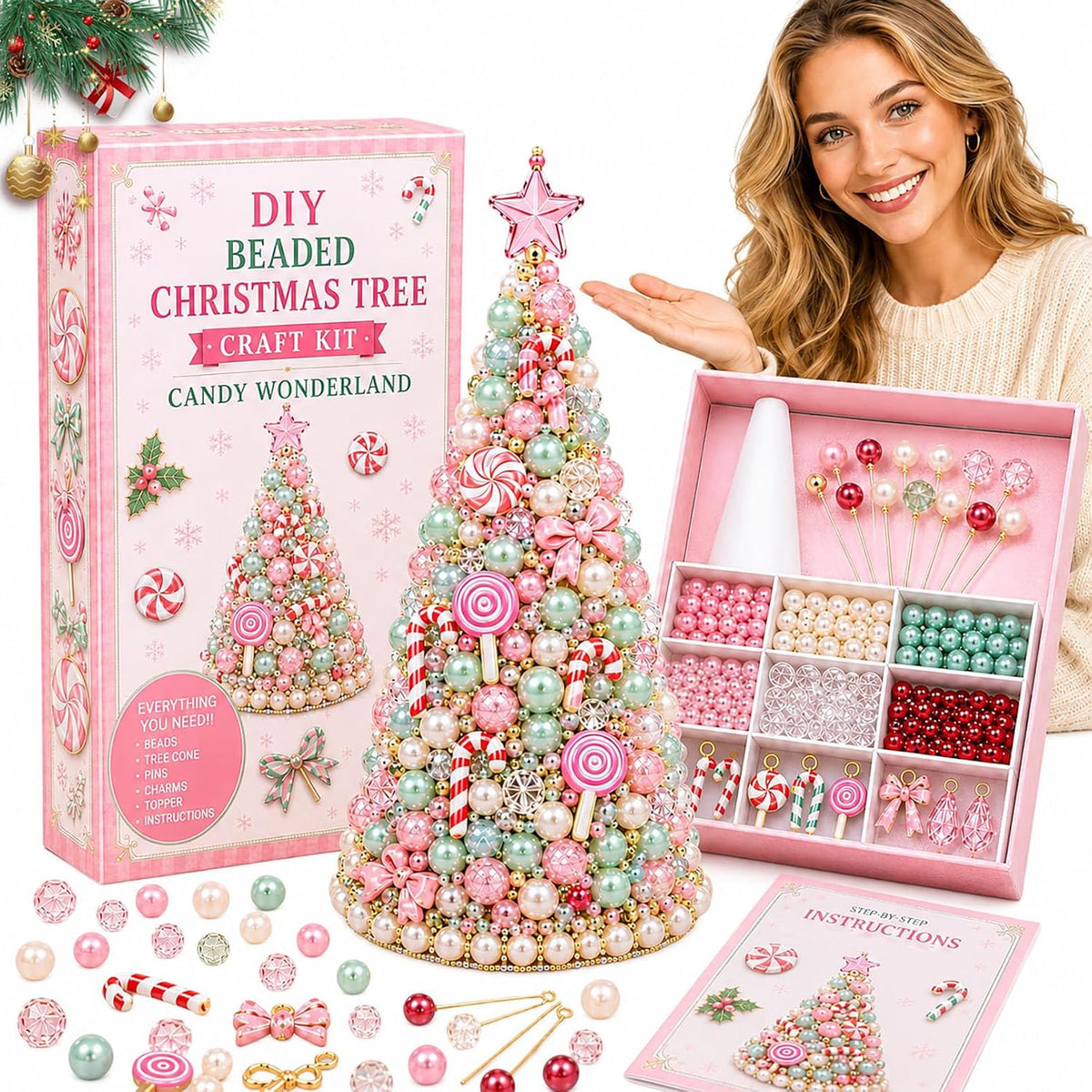 DIY Beaded Christmas Tree Kit – Handmade Tabletop Holiday Decoration Craft Set