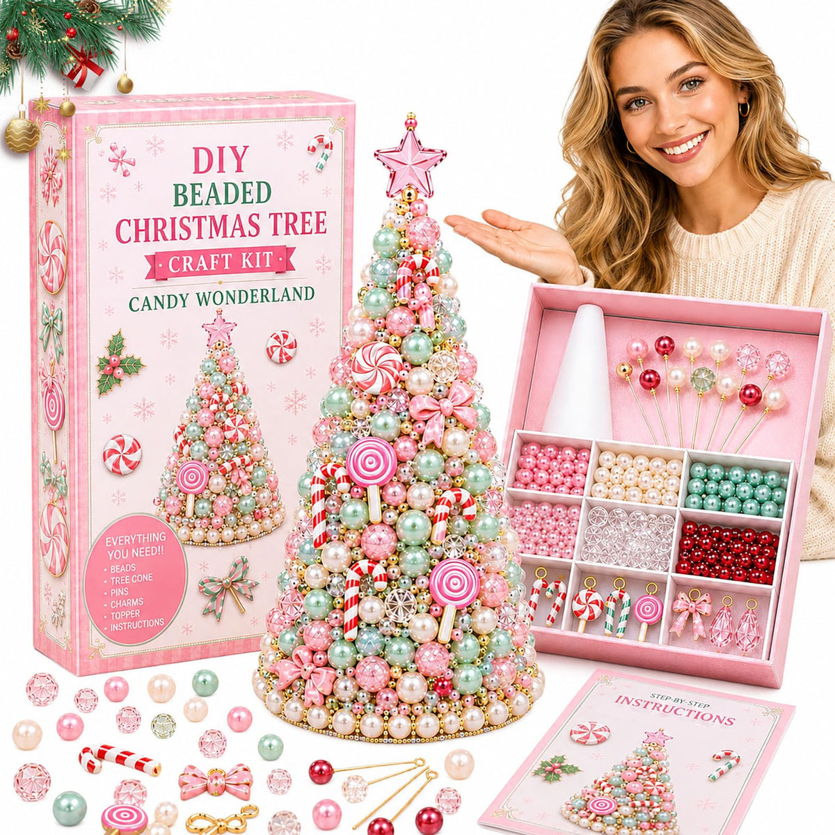 DIY Beaded Christmas Tree Kit – Handmade Tabletop Holiday Decoration Craft Set