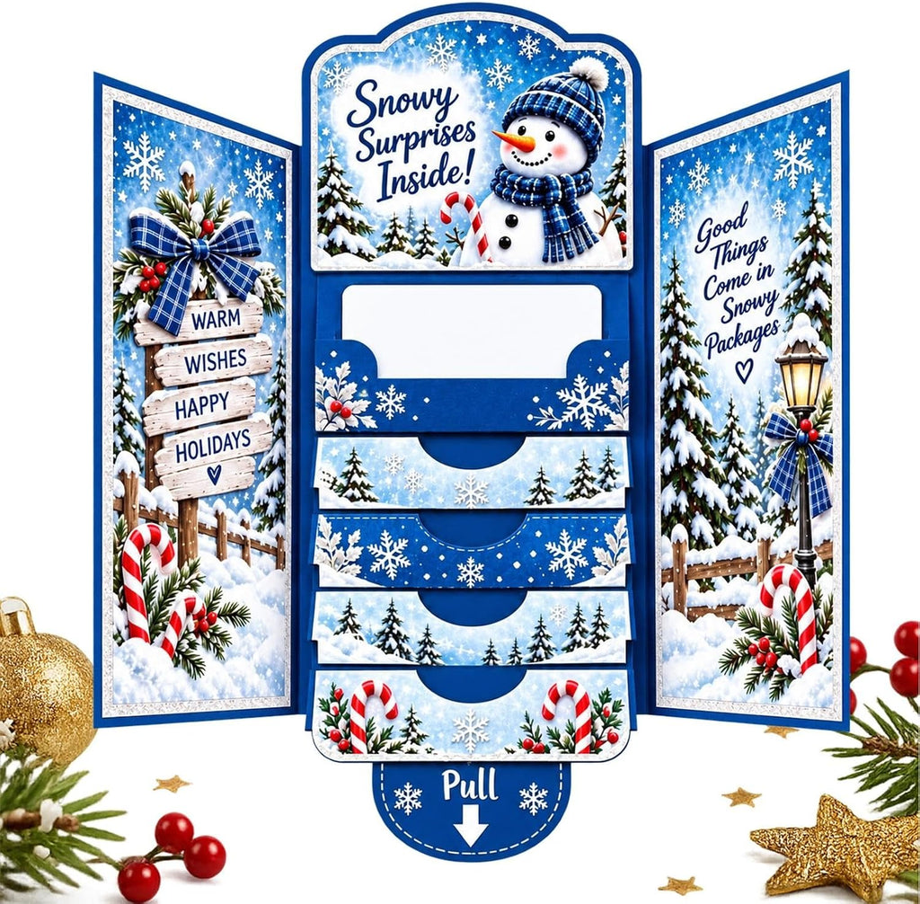 Interactive Christmas Money Gift Card with Pull-Out Surprise – Fold-Out Paper Holiday Card for Cash, Notes and Gift Cards, Candy, Gingerbread, Gnome, Santa or Snowman Designs, 1/3/5-Pack