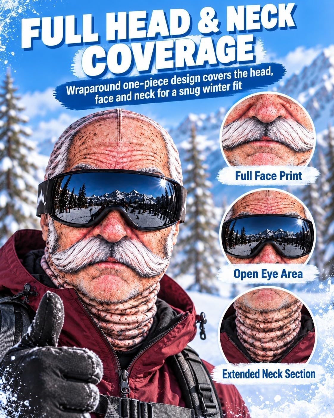 Funny Old Man Balaclava Mask – Realistic 3D-Print Grandpa Face Cover for Skiing, Snowboarding, Halloween & Costume Parties