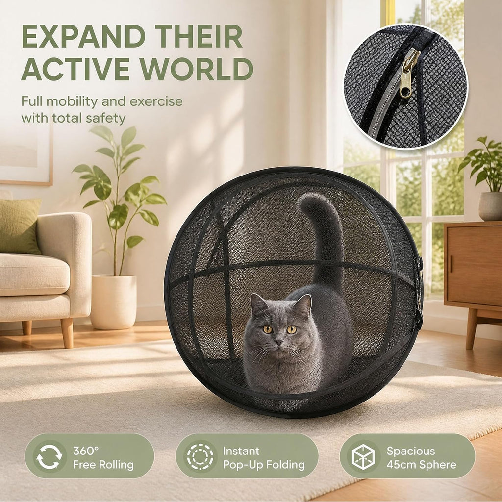 27.6-Inch Foldable Cat Exercise Ball – Rolling Mesh Play Enclosure for Supervised Indoor & Outdoor Exploration