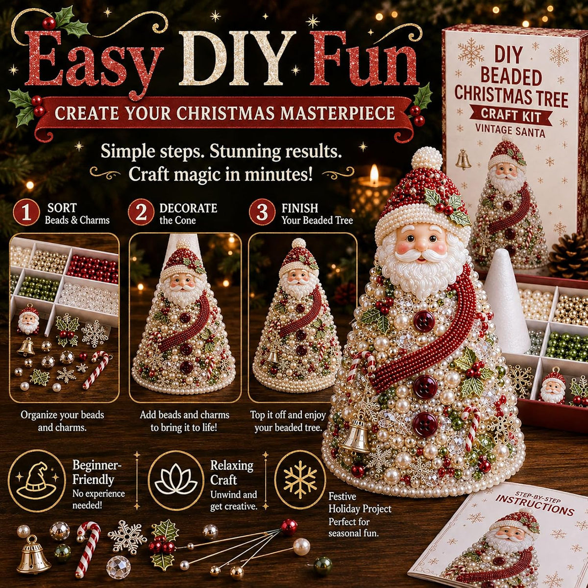 DIY Beaded Christmas Tree Kit – Handmade Tabletop Holiday Decoration Craft Set