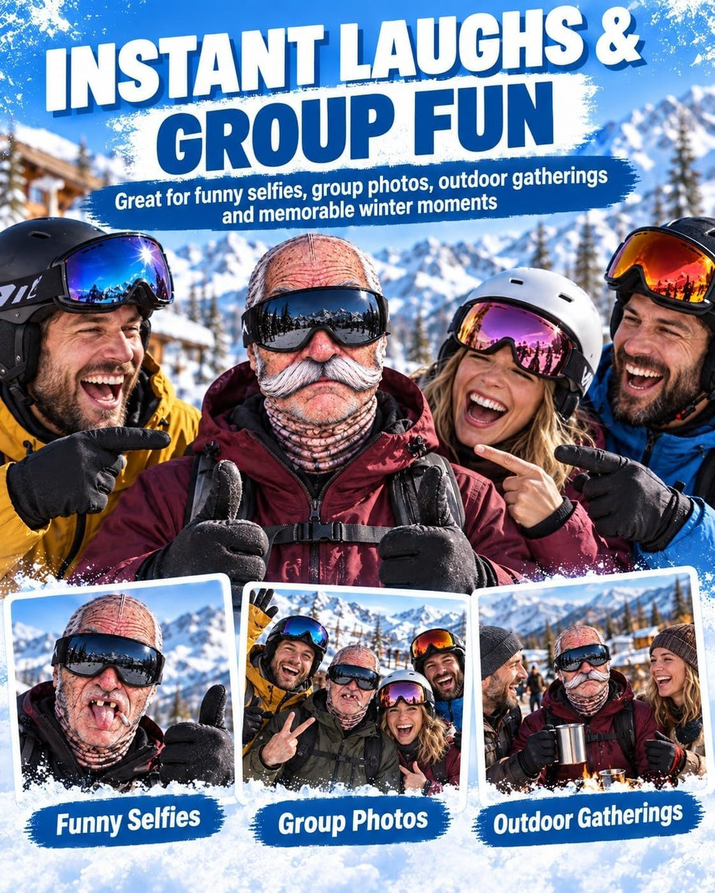 Funny Old Man Balaclava Mask – Realistic 3D-Print Grandpa Face Cover for Skiing, Snowboarding, Halloween & Costume Parties