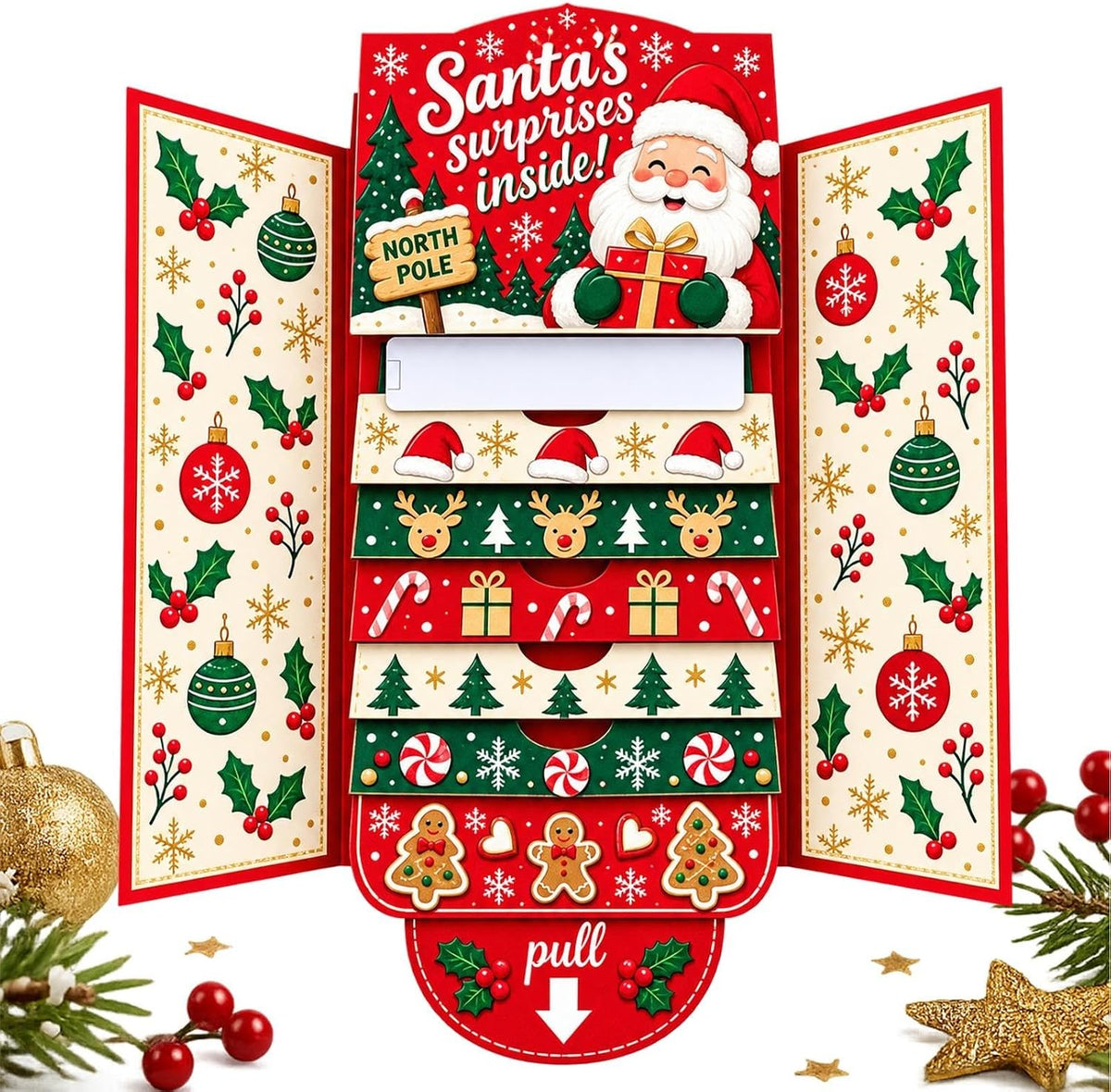 Interactive Christmas Money Gift Card with Pull-Out Surprise – Fold-Out Paper Holiday Card for Cash, Notes and Gift Cards, Candy, Gingerbread, Gnome, Santa or Snowman Designs, 1/3/5-Pack