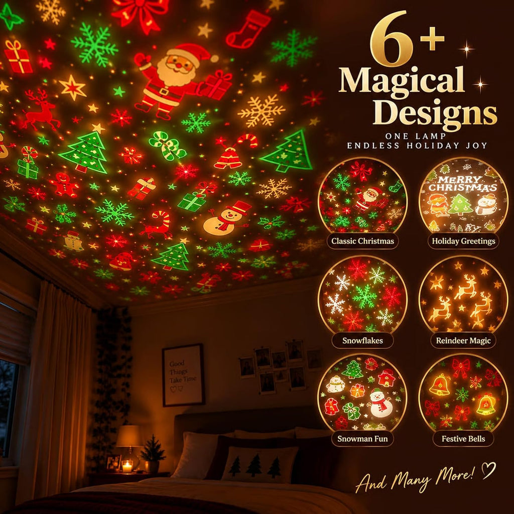 Christmas Projector Light – USB Flexible Tree Lamp with 6 Festive Patterns