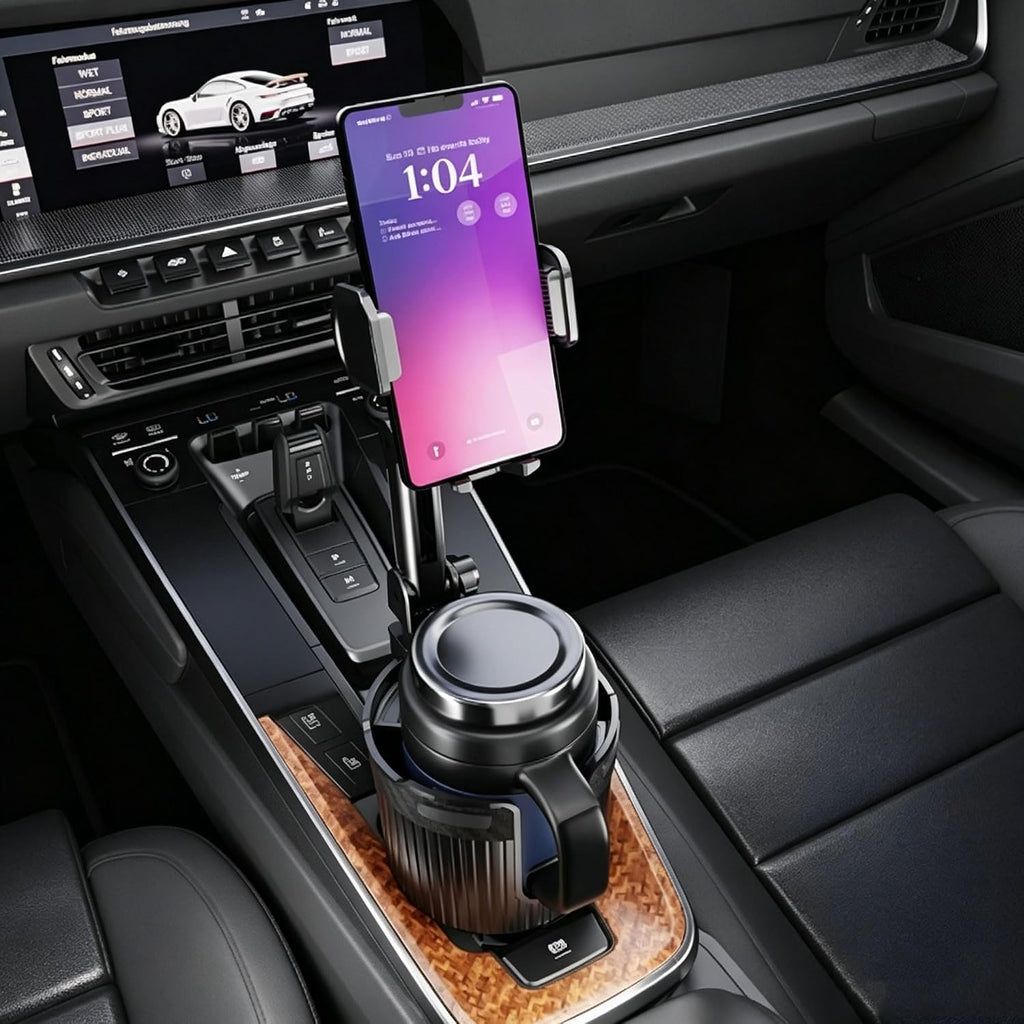 Stop the Console Clutter – 2-in-1 Car Cup Holder Phone Mount & Organizer｜Adjustable No-Adhesive Navigation Stand with Expandable Base for 2.56–3.94 in Round Cup Holders