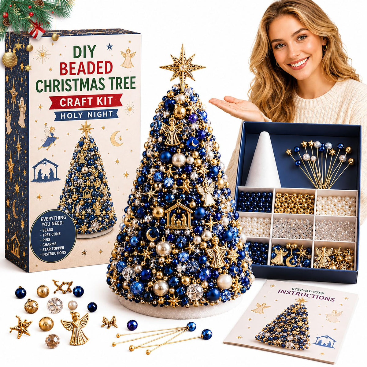 DIY Beaded Christmas Tree Kit – Handmade Tabletop Holiday Decoration Craft Set