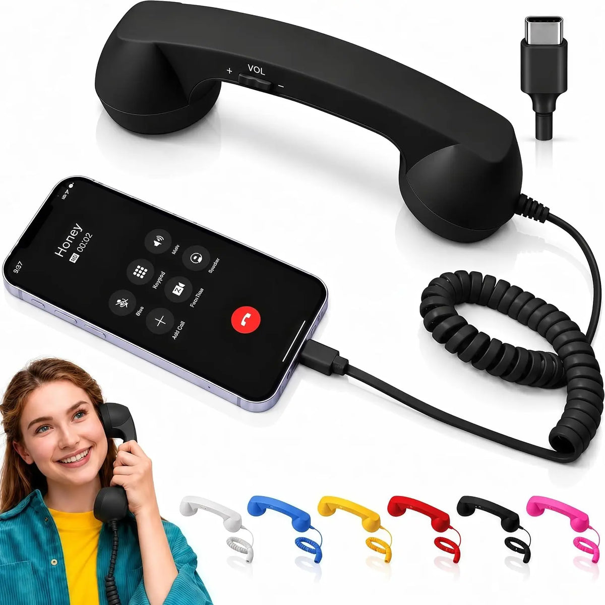 Retro Phone Handset – Type-C / 3.5mm Wired Receiver with Mic & Volume Control