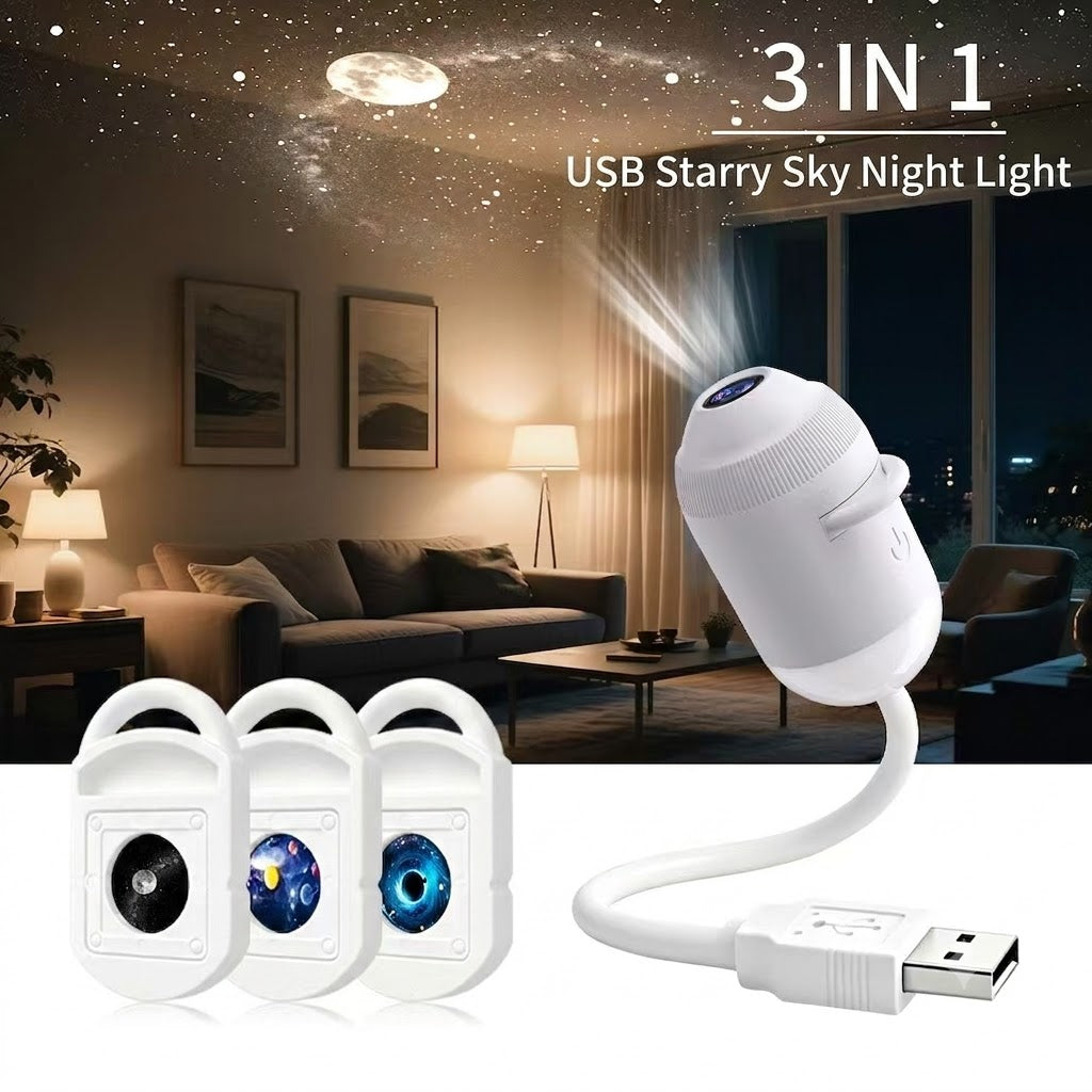USB Starry Sky Projector Night Light – 3-in-1 / 6-in-1 / 12-in-1 / 24-in-1 Galaxy Light Projector with Replaceable Film Discs for Bedroom & Kids Room Decor