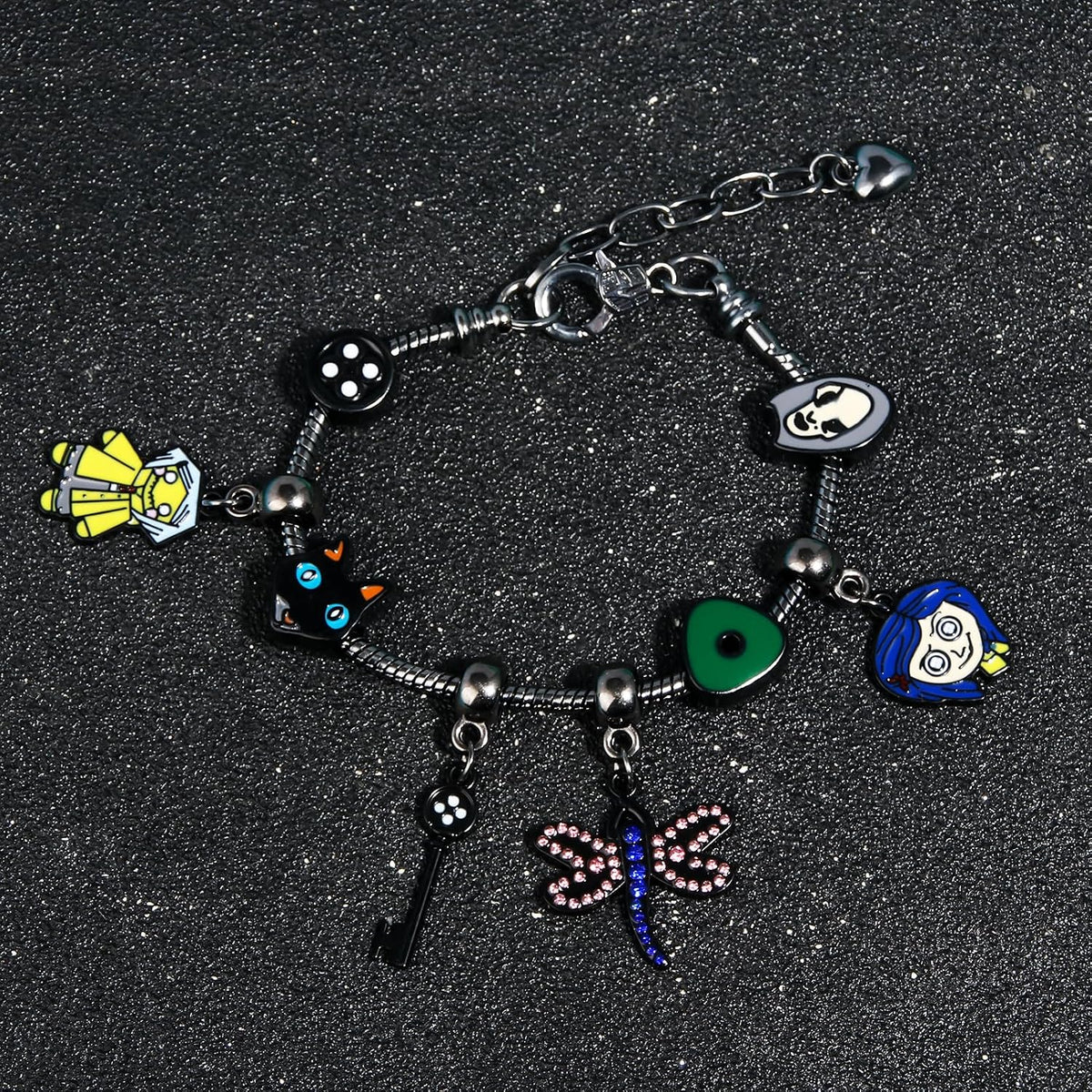 Dark Fantasy Button-Eye Charm Bracelet – Adjustable Storybook-Inspired Bracelet with Cat, Key & Dragonfly Charms