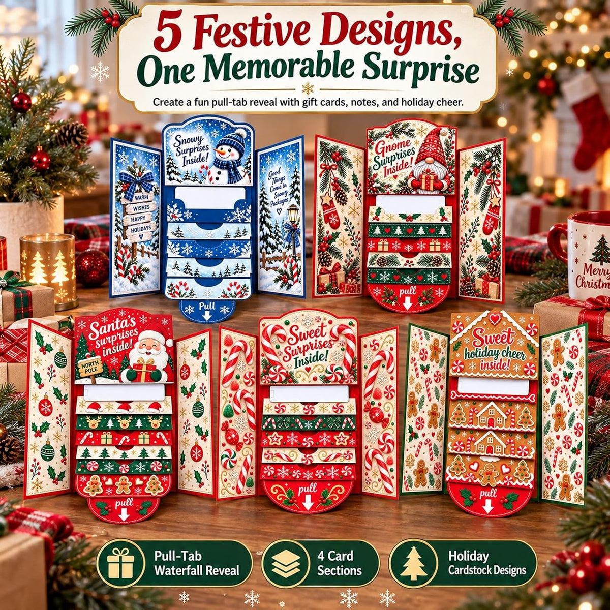 Interactive Christmas Money Gift Card with Pull-Out Surprise – Fold-Out Paper Holiday Card for Cash, Notes and Gift Cards, Candy, Gingerbread, Gnome, Santa or Snowman Designs, 1/3/5-Pack