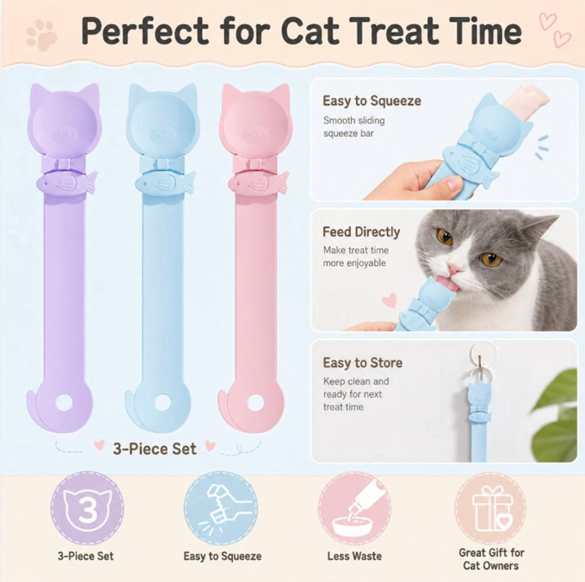 TIKA 3-Pack Cat Treat Squeeze Spoon Feeder | Lickable Strip & Puree Dispenser for Cats