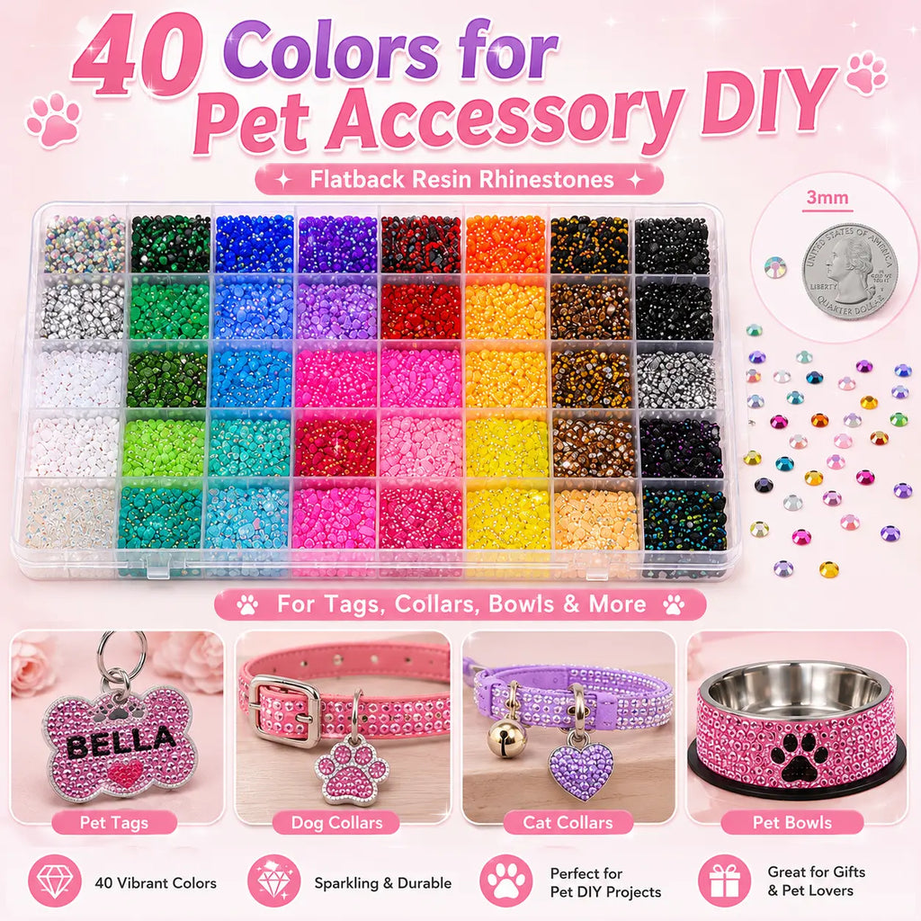 40,000PCS Rhinestone Bedazzling Kit – 40 Colors 3mm Flatback Resin Gems with Tools