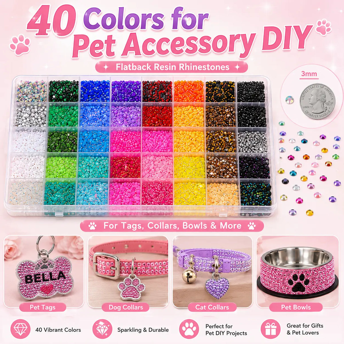 40,000PCS Rhinestone Bedazzling Kit – 40 Colors 3mm Flatback Resin Gems with Tools